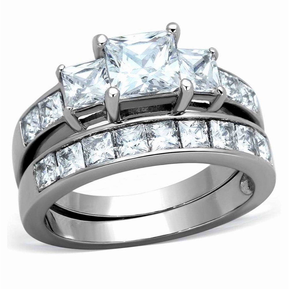 NWT Women's sz 6 Stainless Steel Cubic Zirconia Faux Diamond 2 Ring Wedding Set
